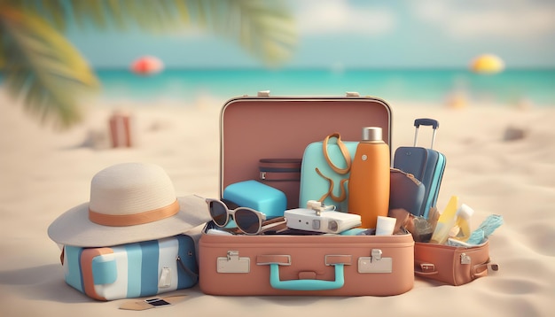 a picture of a suitcase with a hat and sunglasses on it