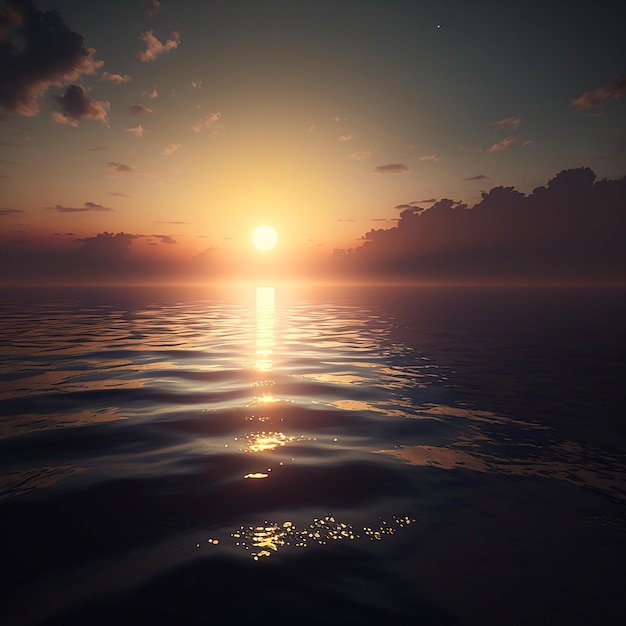 A picture of the sun setting over the ocean with the sun setting on the horizon.