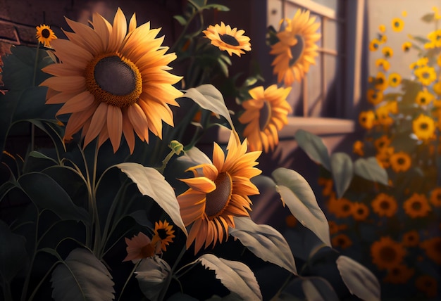 A picture of sunflowers in front of a window