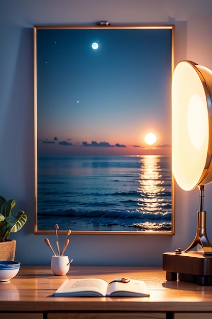 A picture of a sunset on a desk with a lamp and a lamp.