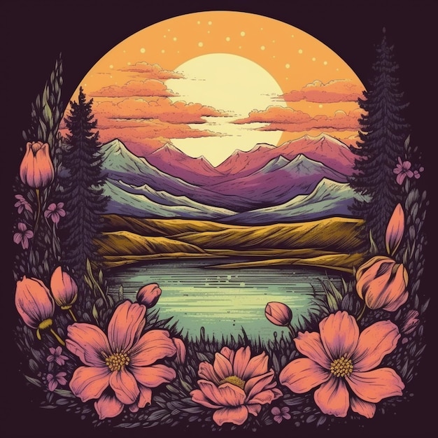 A picture of a sunset scene with flowers and mountains generative ai