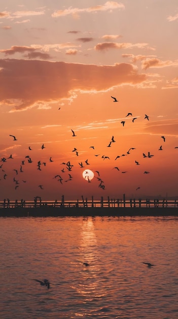 A picture of a sunset with birds flying around it