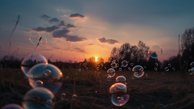 A picture of a sunset with bubbles in it