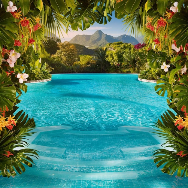 Photo a picture of a swimming pool with a tropical scene in the background