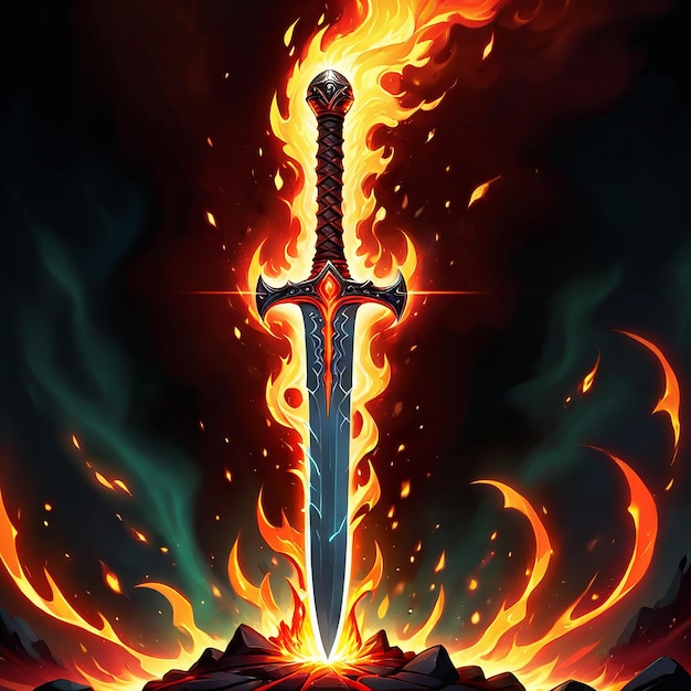 a picture of a sword and flames with a fire and a fire background