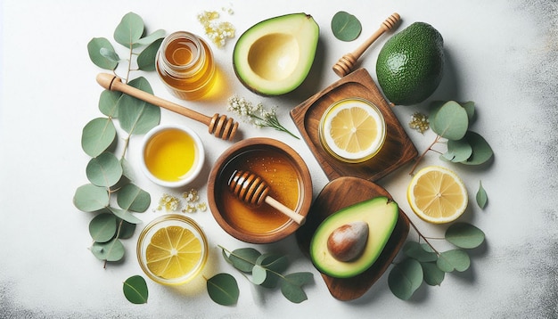 a picture of a table with food and a bottle of avocado