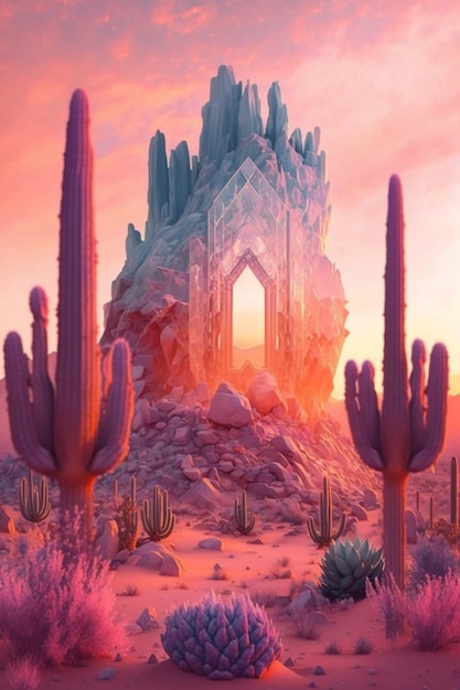 A picture taken from computer screen showing desert scene with cactus plants and trees generative ai