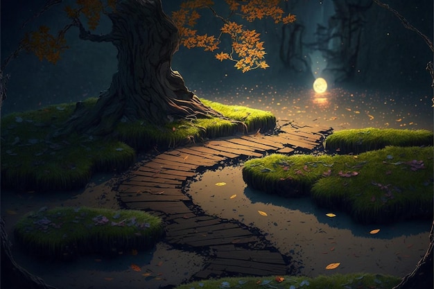 Picture taken from digital painting of path leading to through forest generative ai