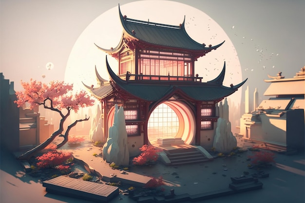 A picture taken from low angle of pagoda in landscape generative ai