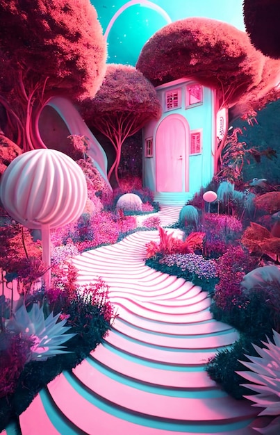 A picture taken from photo of house with pink door generative ai