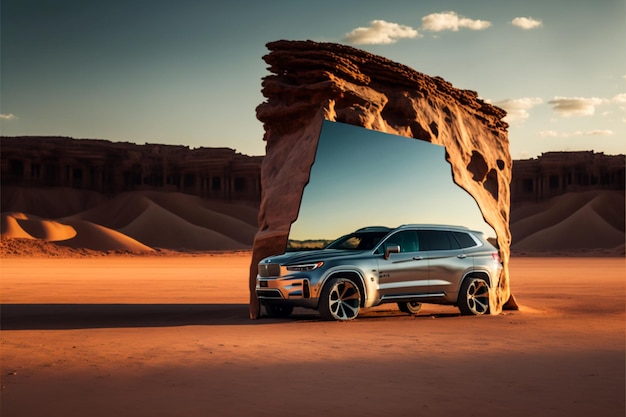 A picture taken from the side of car with large rock formation in background generative ai