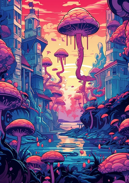 a picture taken from a video game of a mushroom city generative ai