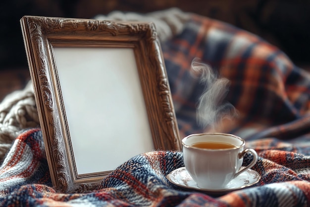 Photo a picture of a tea cup and a picture of a tea cup on a blanket