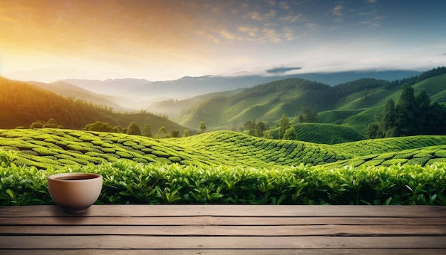 a picture of a tea plantation with a view of the valley and a tea plantation in the background