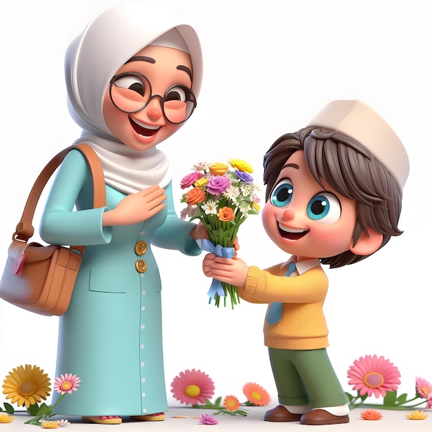 a picture of a teacher and a boy holding flowers