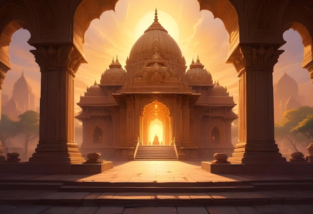 a picture of a temple with a sunset in the background