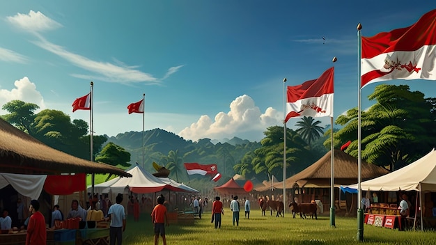 a picture of a tent with a red and white flag and people walking in the background