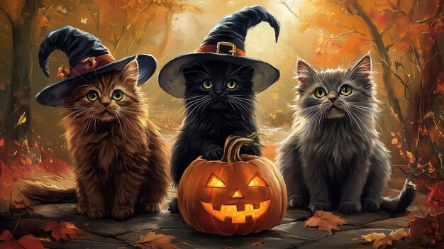 a picture of three cats with a pumpkin and a pumpkin