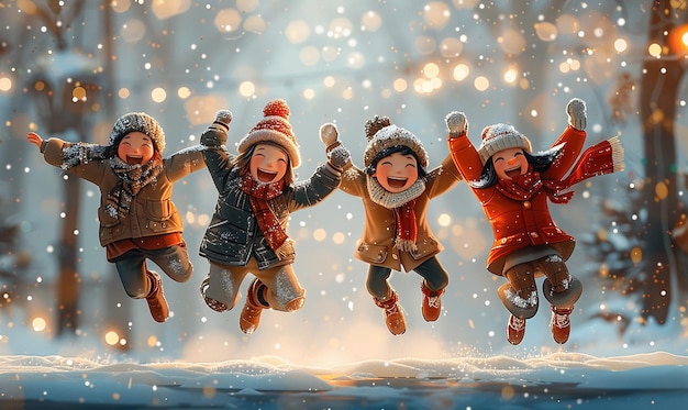 Photo a picture of three children playing in the snow with the words happy holidays