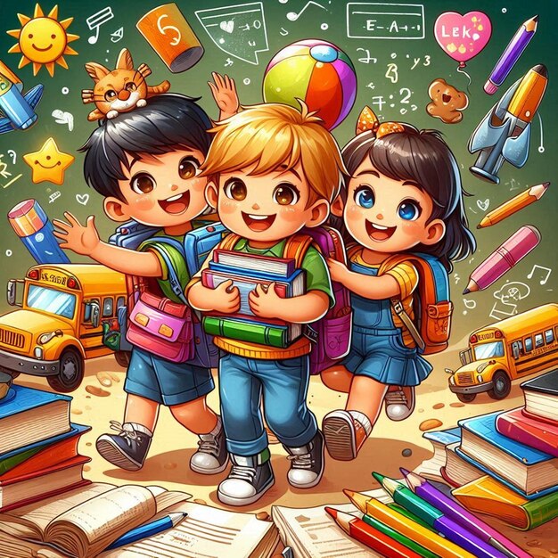 Photo a picture of three children with a book of school supplies