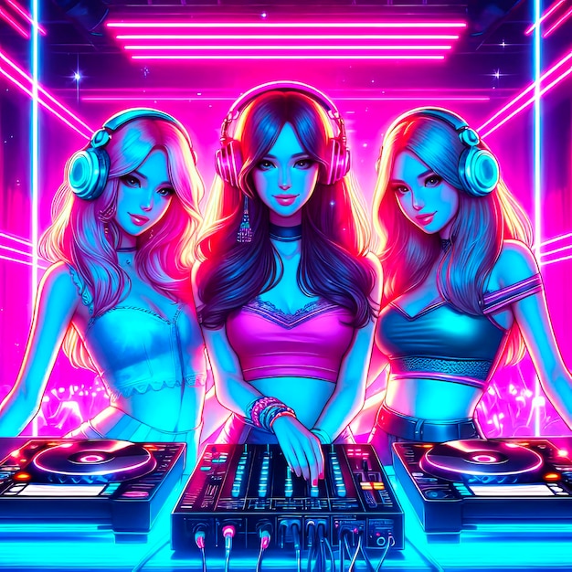 a picture of three girls in a club with the words the dj on the back