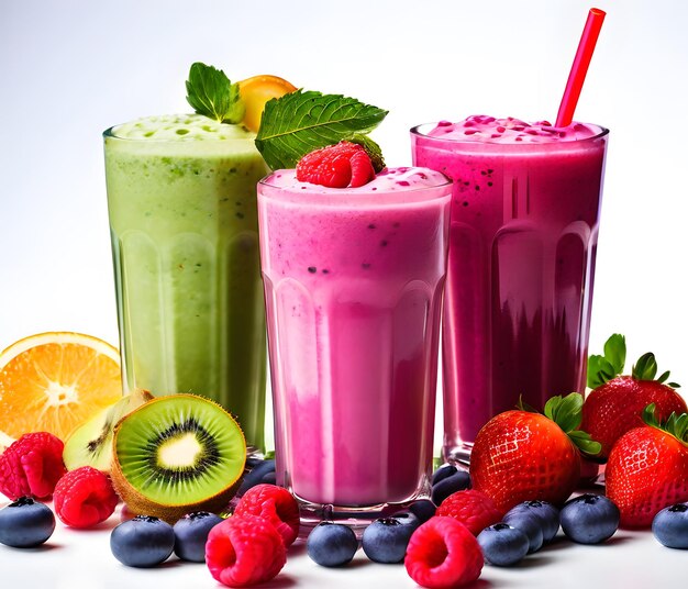 Picture of three glass of smoothies with fruits spilled around on white background