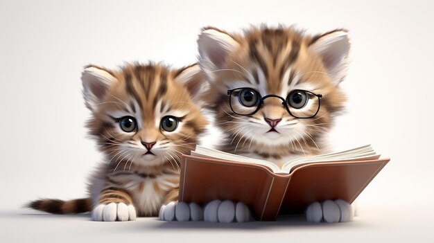 a picture of three kittens reading a book with glasses.