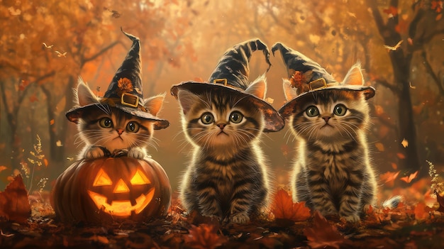 Photo a picture of three kittens with a pumpkin on their head