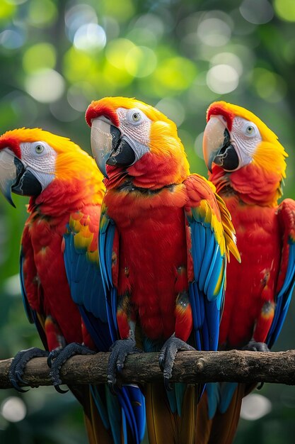 Picture three macaws on tree branch in rainforest