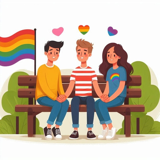 a picture of three people on a bench with a rainbow flag