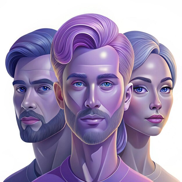 a picture of three people with purple hair and a purple shirt