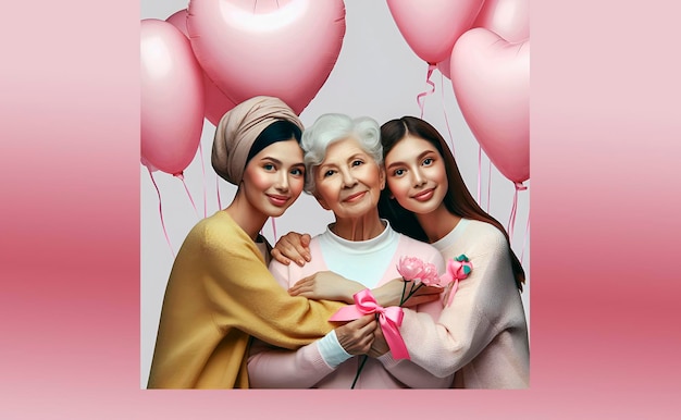 a picture of three women with pink balloons and a pink ribbon