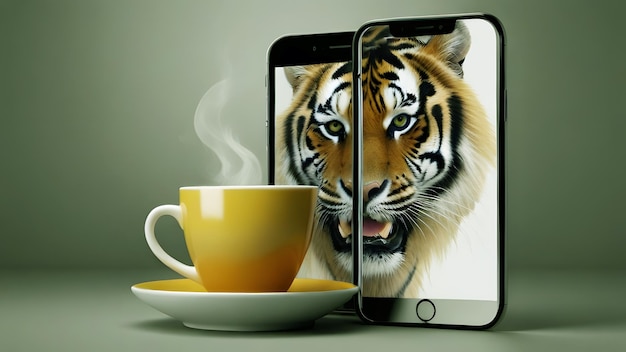 a picture of a tiger and a cup of coffee