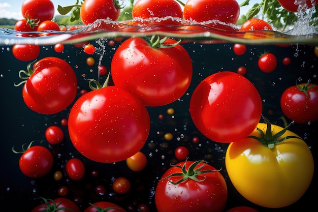 A picture of tomatoes in water with the word tomato on the bottom