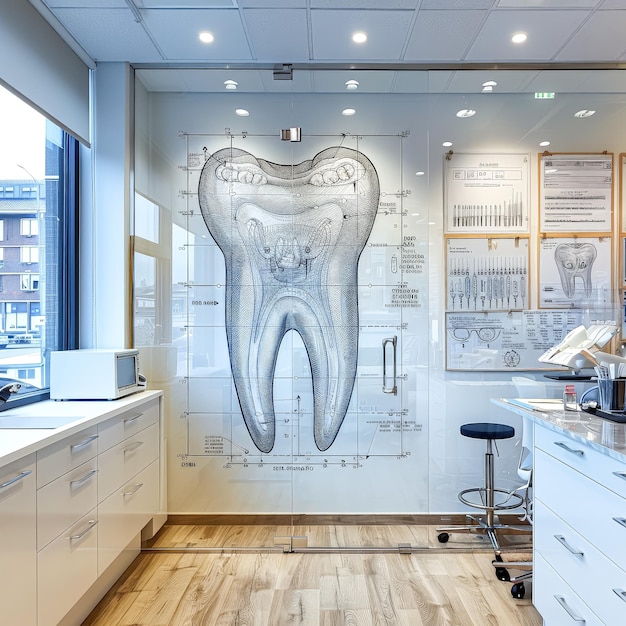 A picture of a tooth is hanging on the wall of a dental office