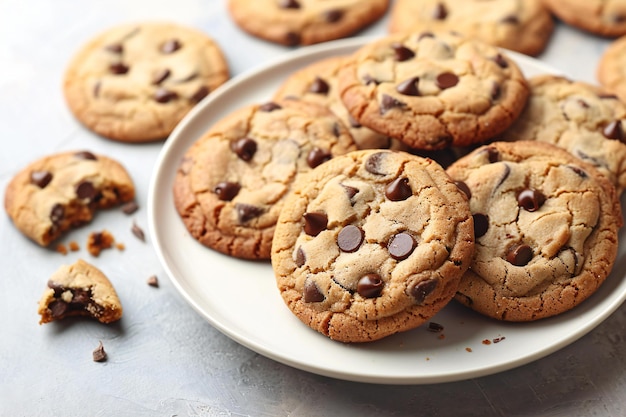 Picture top view of chocolate chip cookies on white plate with copy space