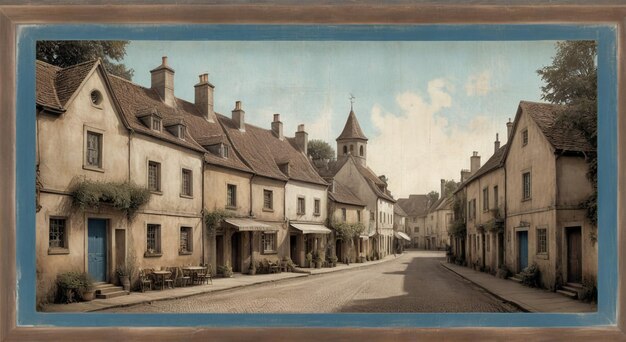 a picture of a town with a clock tower in the background