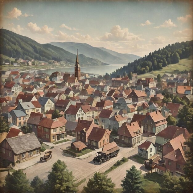 a picture of a town with a mountain in the background