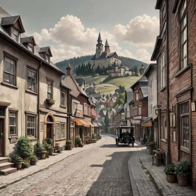 a picture of a town with a mountain in the background