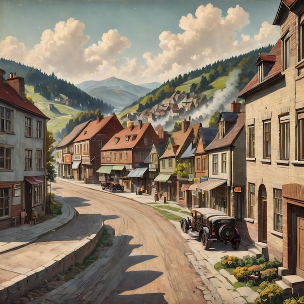 a picture of a town with a mountain in the background