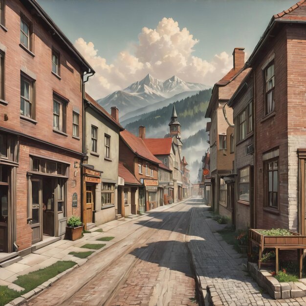 a picture of a town with a mountain in the background