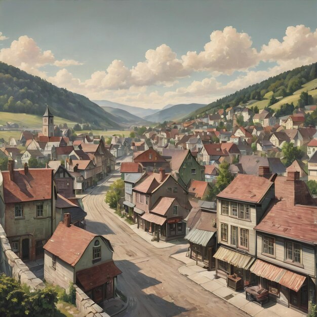 a picture of a town with a mountain in the background