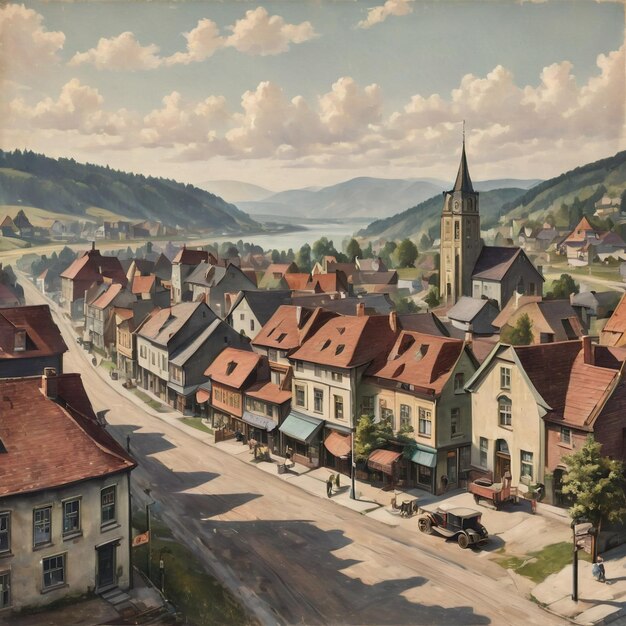 a picture of a town with a mountain in the background