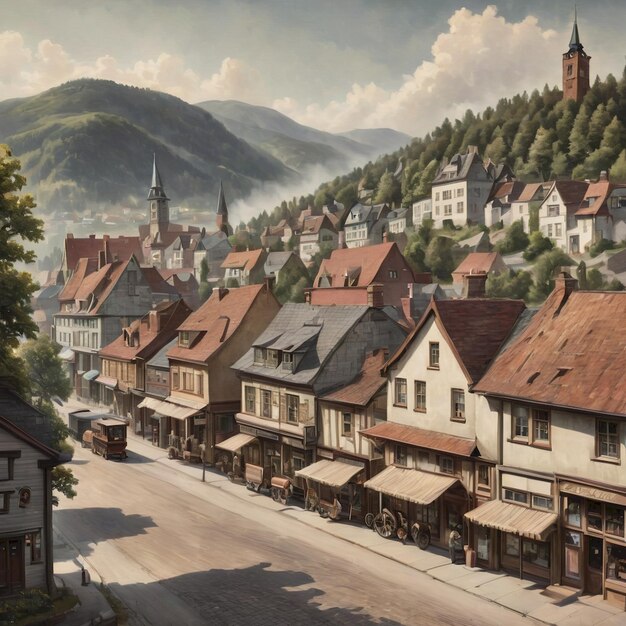 a picture of a town with a mountain in the background