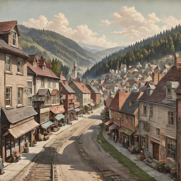 a picture of a town with a mountain in the background