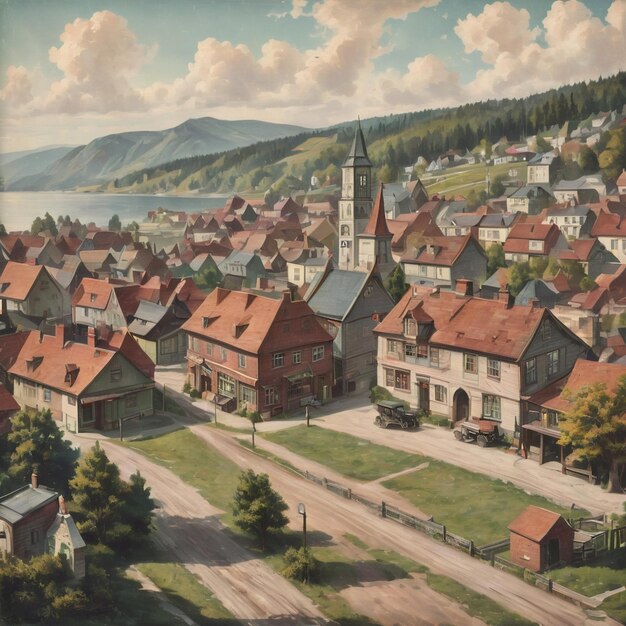 a picture of a town with a mountain in the background