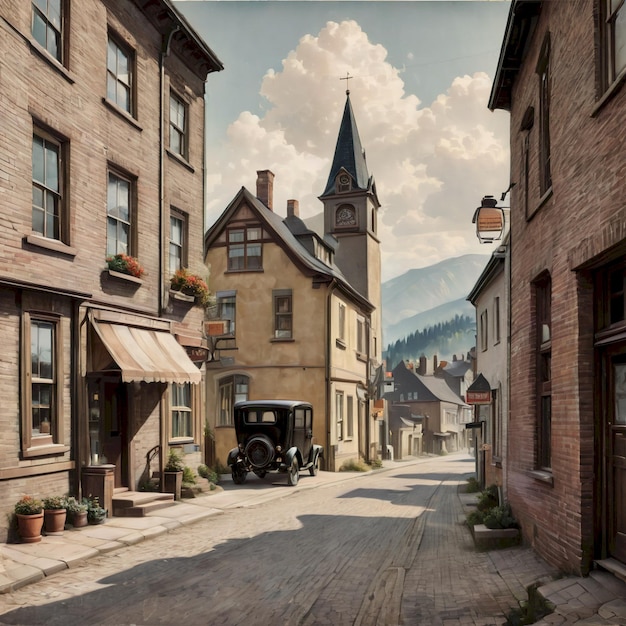 a picture of a town with a mountain in the background