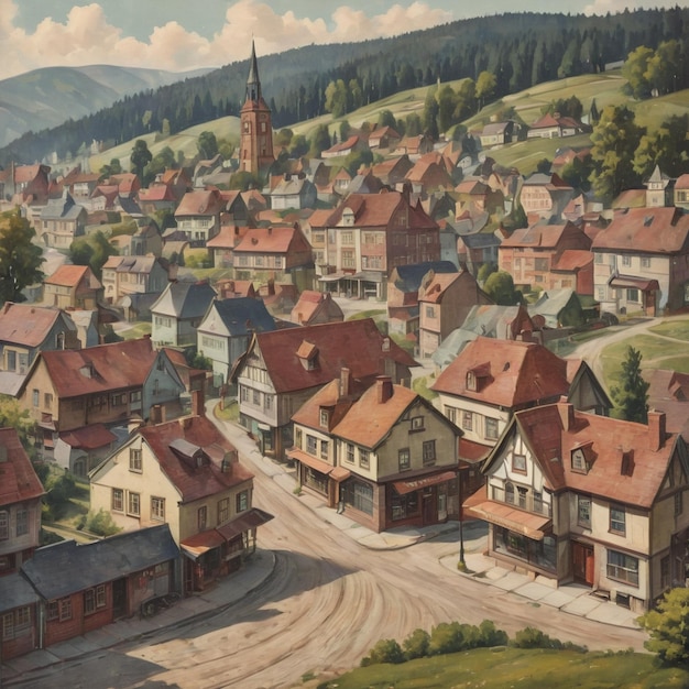 a picture of a town with a mountain in the background