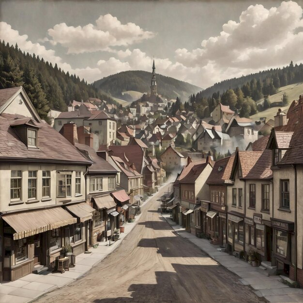 a picture of a town with a mountain in the background