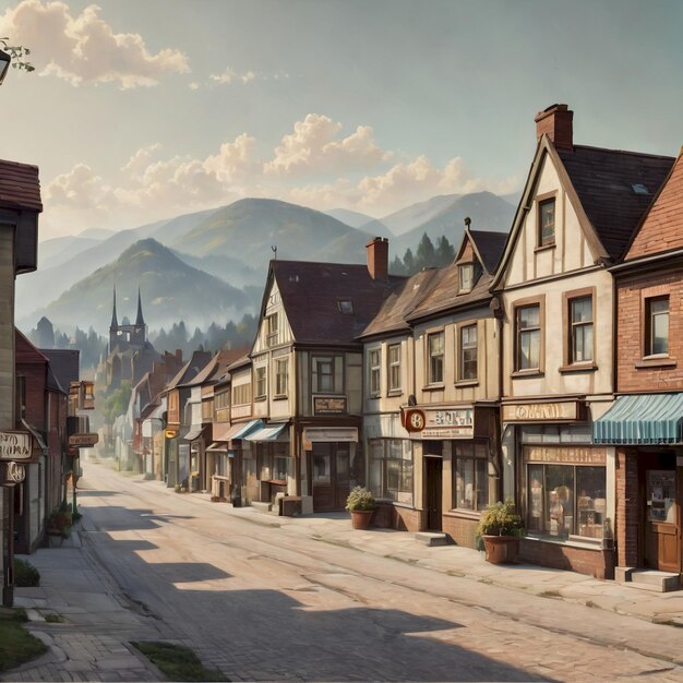 a picture of a town with a mountain in the background